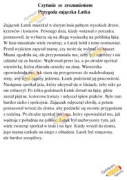 Czytanie ze zrozumieniem - 4 teksty dłuższe + pytania. Przygody zajączka Łatka, Ola i tajemniczy las, Maja i jej piesek, Zamek na wzgórzu.