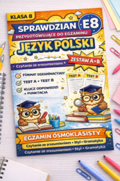Pakiet dwóch testów E8 z języka polskiego – 34 zadania egzaminacyjne + odpowiedzi i punktacja. Gramatyka i styl. Idealny na sprawdzian, powtórkę i przygotowanie do egzaminu ósmoklasisty.