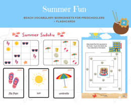 Summer Fun: Beach Vocabulary Worksheets for Preschoolers, Set- Letnia zabawa, zestaw kart pracy z plażowym słownictem, przedszkole, zerówka. Karty obrazkowe, labirynt, sudoku językowe , I spy, wakacje