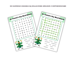 Saint Patrick Vocabulary Worksheet Set - Dzień Świętego Patryka - zestaw kart pracy ze słownictwem i tradycjami, dopasowanie, quiz, wykreślanka, czytanie ze zrozumieniem, dodatkowo karty do gry w memory