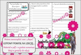 Pomysł na lekcję/karta pracy/stacje zadaniowe/notatki/ materiał do lekcji do tematu „Turystyka w Europie Południowej” w pdf. W gratisie niekomercyjny scenariusz lekcji/pomysł na lekcję w programie genial.ly do edycji. Geografia 6. Dział „Gospodarka Europ