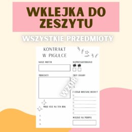 WKLEJKA DO ZESZYTU NA POCZĄTEK ROKU SZKOLNEGO, PIERWSZA LEKCJA, KLASOWY KONTRAKT, RÓŻNE PRZEDMIOTY, ANGIELSKI, MATEMATYKA, POLSKI