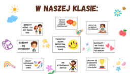 GOTOWA GAZETKA: "W NASZEJ KLASIE", gotowy zestaw plakatów/gazetka/ozdoba, dużo dodatkowych elementów dekoracyjnych