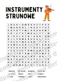 Muzyka, klasa 4-5. Instrumenty strunowe.  Karta pracy: wykreślanka.