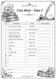 Lista lektur do klasy 5 (różne wersje) czarno-białe