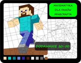 Kolorowanka według wyników dodawania, dodawanie 20-50, Minecraft, matematyka dla fanów Minecrafta, kolorowanka matematyczna