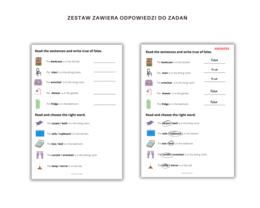 Furniture and rooms - nazwy umeblowania oraz pomieszczenia - karta pracy rozwijająca słownictwo, ćwicząca umiejętność czytania i pisania.