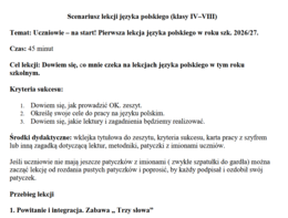 Scenariusz lekcji języka polskiego (klasy IV–VIII) Temat: Uczniowie – na start! Pierwsza lekcja języka polskiego w roku szk. 2026/27