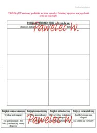 PODZIAŁ TRÓJKĄTÓW ze względu na miary kątów oraz długości boków - notatka, tabelka do uzupełnienia