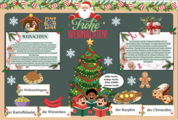 Gazetka w języku niemieckim „Frohe Weihnachten"| Nowoczesna i edukacyjna dekoracja idealna do klasy/biblioteki/korytarza| Główna grafika w formie plakatu 4 x A 4| Kod QR do kolędy " Stille Nacht"