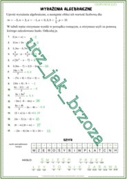 Wyrażenia algebraiczne, upraszczanie, obliczanie wartości liczbowej, klasa 7, karta pracy z hasłem