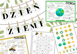 Pakiet materiałów - DZIEŃ ZIEMI (ułamki zwykle/ ułamki dziesiętne/ zagadki/ łamigłówki/ liczby pierwsze i złożone/ napis )