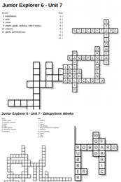 Junior Explorer 6 – Unit 7 – krzyżówki – Przedmioty/Materiały/Kształt i inne cechy/Zakupy/Inne słówka