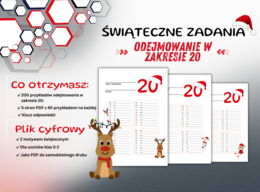 Odejmowanie w zakresie 20 – Świąteczne zadania matematyczne – Gotowy zestaw 200 działań matematycznych do druku dla dzieci z klas 0–2 + klucz odpowiedzi