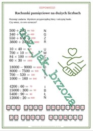 Rachunki pamięciowe na dużych liczbach, karta pracy z hasłem, klasa 4, Dzień Tolerancji