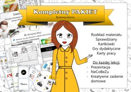 Chemia. Klasa 7. Budowa atomu. Budowa materii. Kompletny PAKIET materiałów do całego działu dla nauczyciela. Prezentacja. Karta pracy. Gra dydaktyczna. Zadanie. Sketchnotka. Powtórzenie wiadomości. Kartkówka. Sprawdzian.