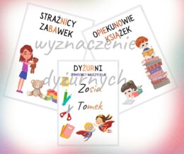 Tabliczka: DYŻURNI / OPIEKUNOWIE KSIĄŻEK / STRAŻNICY ZABAWEK