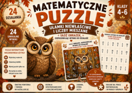 🦉 Matematyczne puzzle do ćwiczenia zamiany ułamków niewłaściwych na liczby mieszane. Uczniowie dopasowują wyniki i odkrywają ukryty obrazek. Idealne dla klas 4–6!