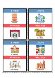 I HAVE... WHO HAS...? - PLACES IN TOWN | Gra Ja mam, Kto ma w języku angielskim do ćwiczenia słownictwa (MIEJSCA W MIEŚCIE)  ESL (A1)