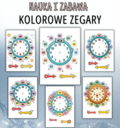Kolorowe zegary NAUKA ODCZYTYWANIA GODZIN 6 szablonów ruchome wskazówki gotowy pdf do druku