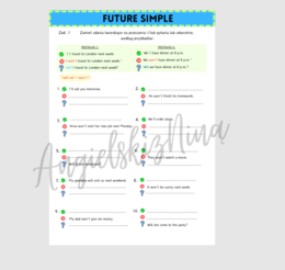 Future Simple – przekształcanie zdań – karta pracy – ćwiczenia dla początkujących – egzamin ósmoklasisty – zdania twierdzące – przeczenia – pytania – kl. 4,5, 6– A2