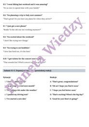 REAKCJE JĘZYKOWE - Zbiór zadań do egzaminu ósmoklasisty z języka angielskiego. Poziom A2/A2+ - codzienne sytuacje, uzupełnianie dialogów, tłumaczenie, dopasowywanie pytań