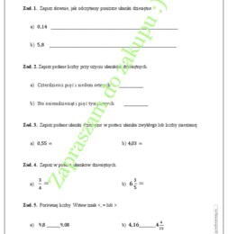 Zapisywanie, zamiana i porównywanie ułamków dziesiętnych - szybka kartkówka, karta pracy.