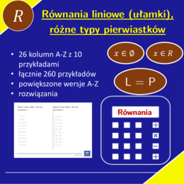 Równania liniowe (ułamki), różne typy pierwiastków | matematyka, algebra | 26 kolumn