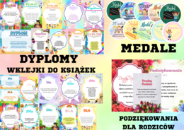 Dyplomy, medale, wklejki do książek, podziękowania dla rodziców PRZEDSZKOLE