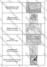 Vincent van Gogh - kolorowanka A4 - 6 kart + karta miniatur + karta z tytułami i miniaturami (karty pracy); plastyka
