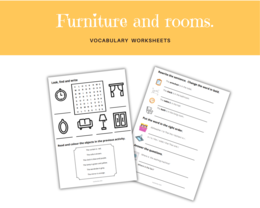 Furniture and rooms - nazwy umeblowania oraz pomieszczenia - karta pracy rozwijająca słownictwo, ćwicząca umiejętność czytania i pisania.