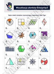 Ułamki dziesiętne - Szkoła Podstawowa - Klasa 4 / 5 - Klasa Czwarta / Piąta - Ułamek jako część całości - Karta pracy o ułamkach dziesiętnych - Powtórzenie ułamków - Kolorowanka z ułamkami dziesiętnymi - Wizualizacja ułamka dziesiętnego - Zabawa z ułamki