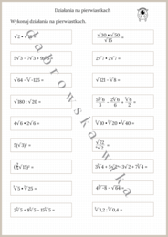 Działania na pierwiastkach - karta pracy