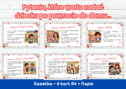 Gazetka edukacyjna „Pytania, które warto zadać dziecku po powrocie do domu” – 6 kart A4 + napis.