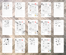 Alfabet - ćwiczenia grafomotoryczne, wklejki A, B, D, I, J, K, S, U