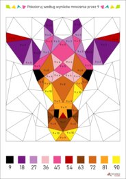 Tabliczka mnożenia, mnożenie przez 9, wielokrotności, kolorowanka żyrafa