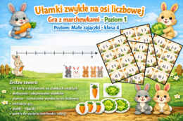 Ułamki zwykłe na osi liczbowej + dodawanie i odejmowanie ułamków zwykłych o takich samych mianownikach – gra z marchewkami  – Poziom 1 (Małe zajączki, klasa 4)