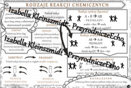 Sketchnotka - notatka „Rodzaje reakcji chemicznych” wykonana w power point do edycji. Chemia 7, „Ważne prawa”