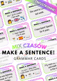 Make a Sentence! - Mix Czasów - zestaw 128 DWUSTRONNYCH kart - gramatyka - czasy - tenses - karty - fiszki - speaking - do wydrukowania - do zalaminowania - .pdf