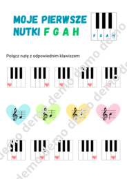Muzyka. Nauka nut F G A H: łączenie nuty z odpowiednim klawiszem pianina. Klucz wiolinowy, oktawa razkreślna.