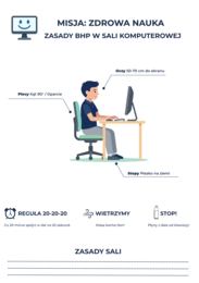 Misja: Zdrowa Nauka – plakat BHP przy komputerze dla dzieci (4 formaty: A2–A5)