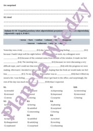 PRZYMIOTNIKI (EMOCJE)– Zbiór zadań do egzaminu ósmoklasisty z języka angielskiego. Poziom A2/A2+ – przymiotniki opisujące uczucia i emocje, ćwiczenia: końcówki -ing/-ed, przymiotniki zaprzeczające (unamused, unexciting), wypełnianie luk w tekście, tworze