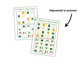 Saint Patrick for Preschoolers - Święty Patryk dla przedszkolaków - zestaw kart pracy słownictwo, sudoku, gra I Spy, labirynt, liczenie do 10, wzory, what comes next, dodatkowo karty obrazkowe