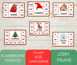Klamerkowe pomoce - sylaby - Boże Narodzenie (litery pisane)