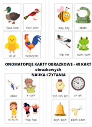 ONOMATOPEJE - KARTY OBRAZKOWE - 48 KART obrazkowych -NAUKA CZYTANIA