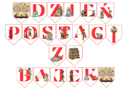 Dzień Postaci z Bajek -girlanda z napisem i ilustracje z postaciami z bajek