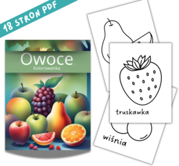 Kolorowanki OWOCE z opisaną nazwą - 18 stron PDF