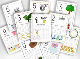 CYFRY 0-9 - liczenie, liczby, pisanie po śladzie, wyklejanie, wycinanie, wycinanka, zerówka, klasa 1