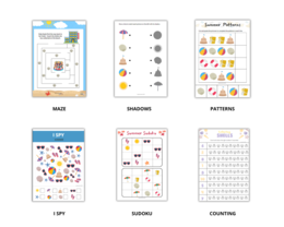 Summer Fun: Beach Vocabulary Worksheets for Preschoolers, Set- Letnia zabawa, zestaw kart pracy z plażowym słownictem, przedszkole, zerówka. Karty obrazkowe, labirynt, sudoku językowe , I spy, wakacje