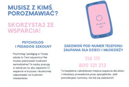 Wsparcie rówieśnicze, zdrowie psychiczne, materiały o telefonach zaufania dla dzieci i młodzieży i pomocy psychologiczno-pedagogicznej